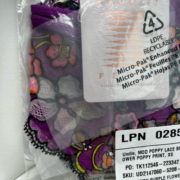 Savage X Fenty Juicy Purple Flower Poppy Print Mod Poppy Lace Brazilian Panty - Picture 4 of 9